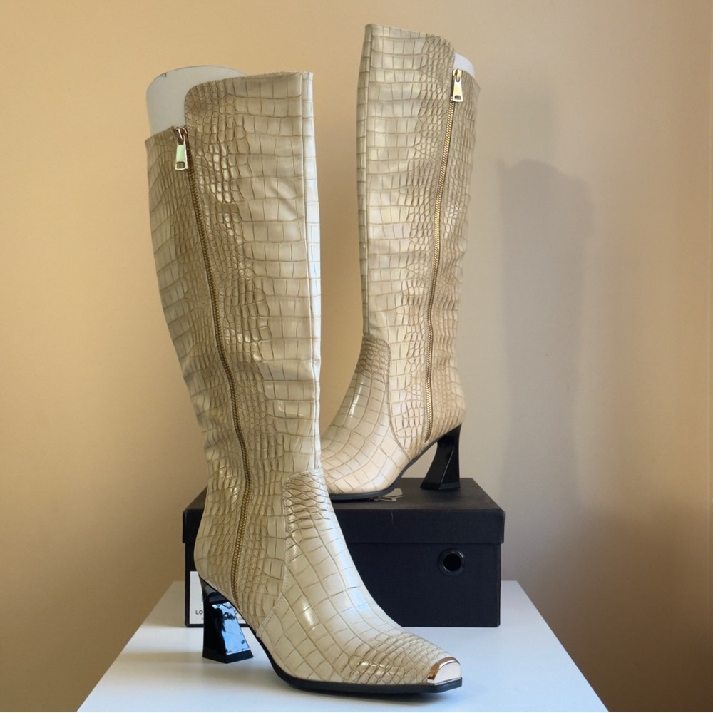 Chic Beige Croc-Embossed Heeled Boots